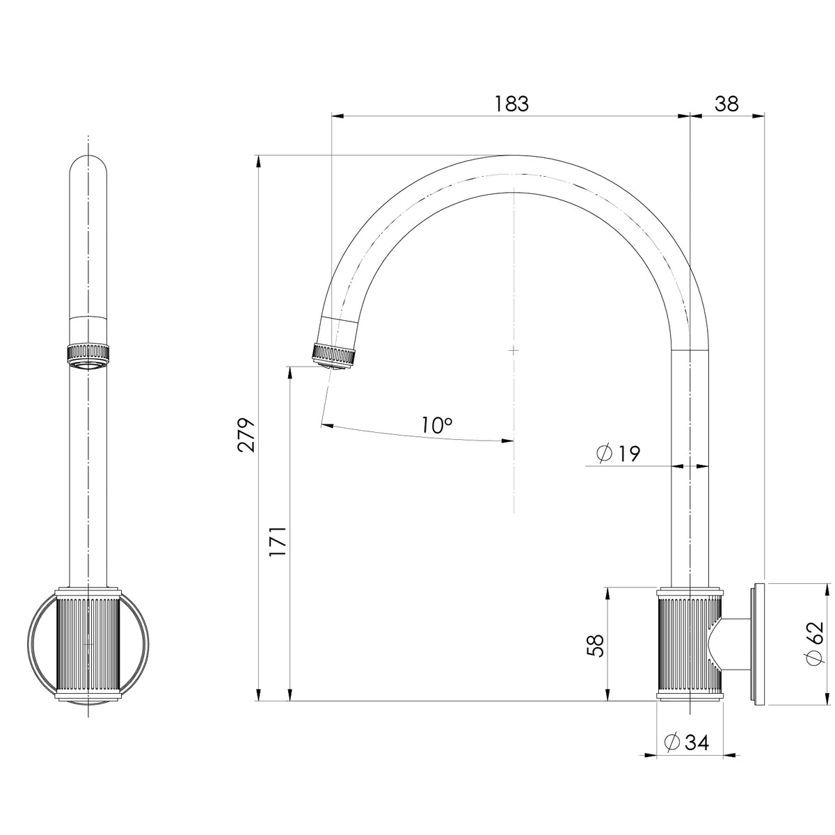 Phoenix Wiltern Wall Sink Outlet 180mm bath spout line drawing