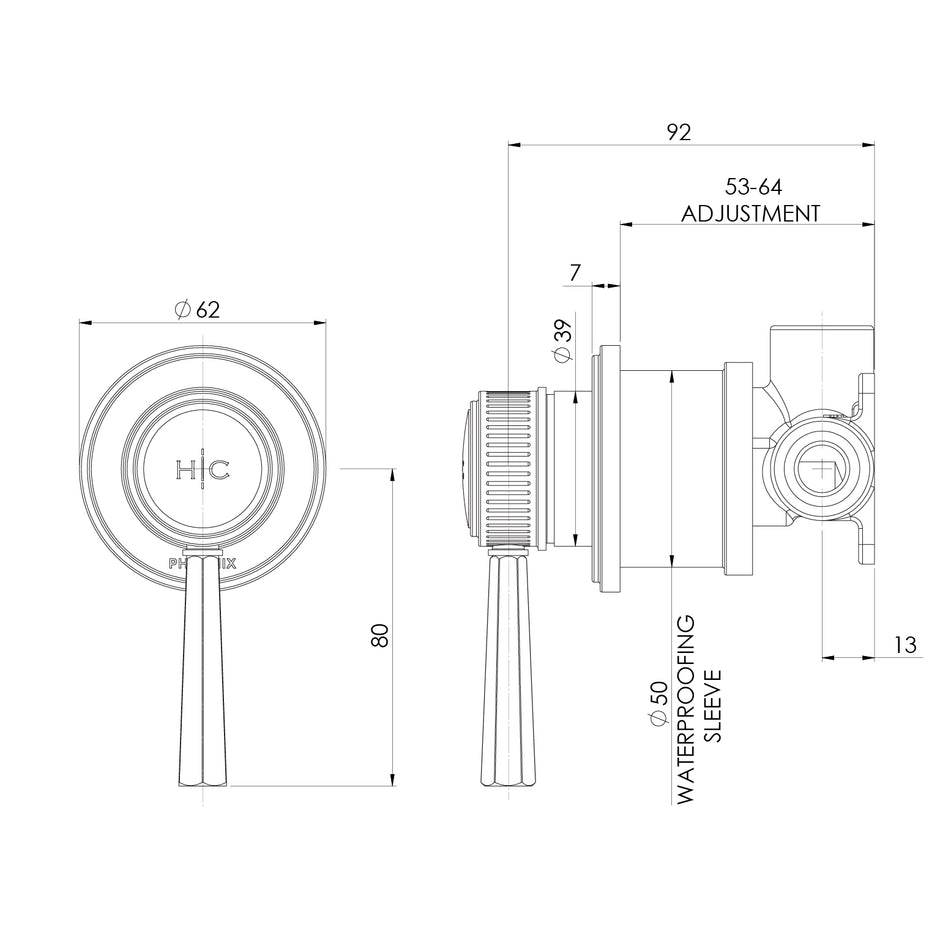 Wiltern SwitchMix Shower Wall Mixer Fit Off Kit line drawing