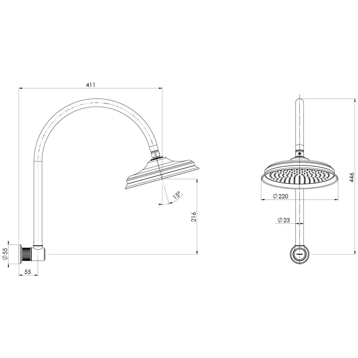 _Wiltern High Rise Shower Arm and Rose_ line drawing