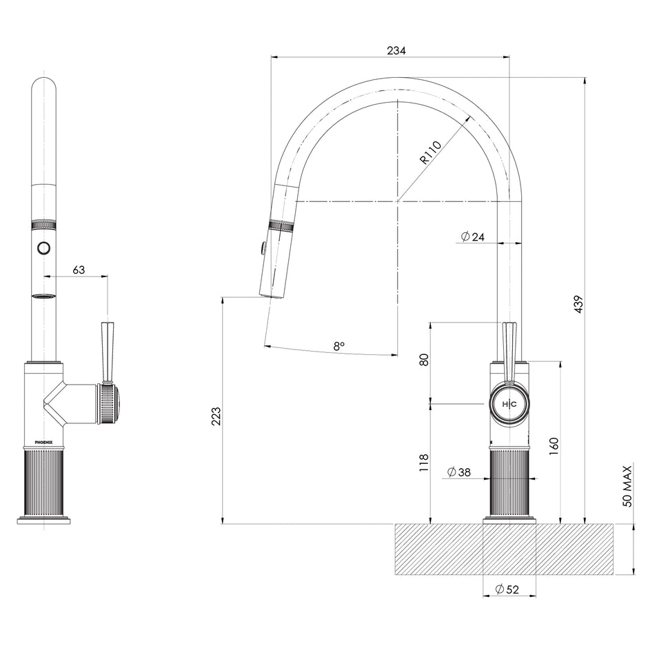 _Wiltern Pull Out Sink Mixer_ line drawing