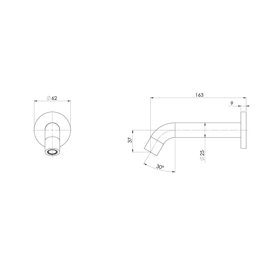 Vivid MKII Wall Basin Bath Curved Outlet 150mm line drawing