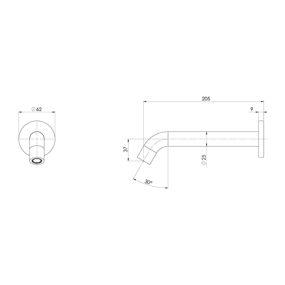 Vivid MKII Wall Basin Bath Curved Outlet 200mm line drawing