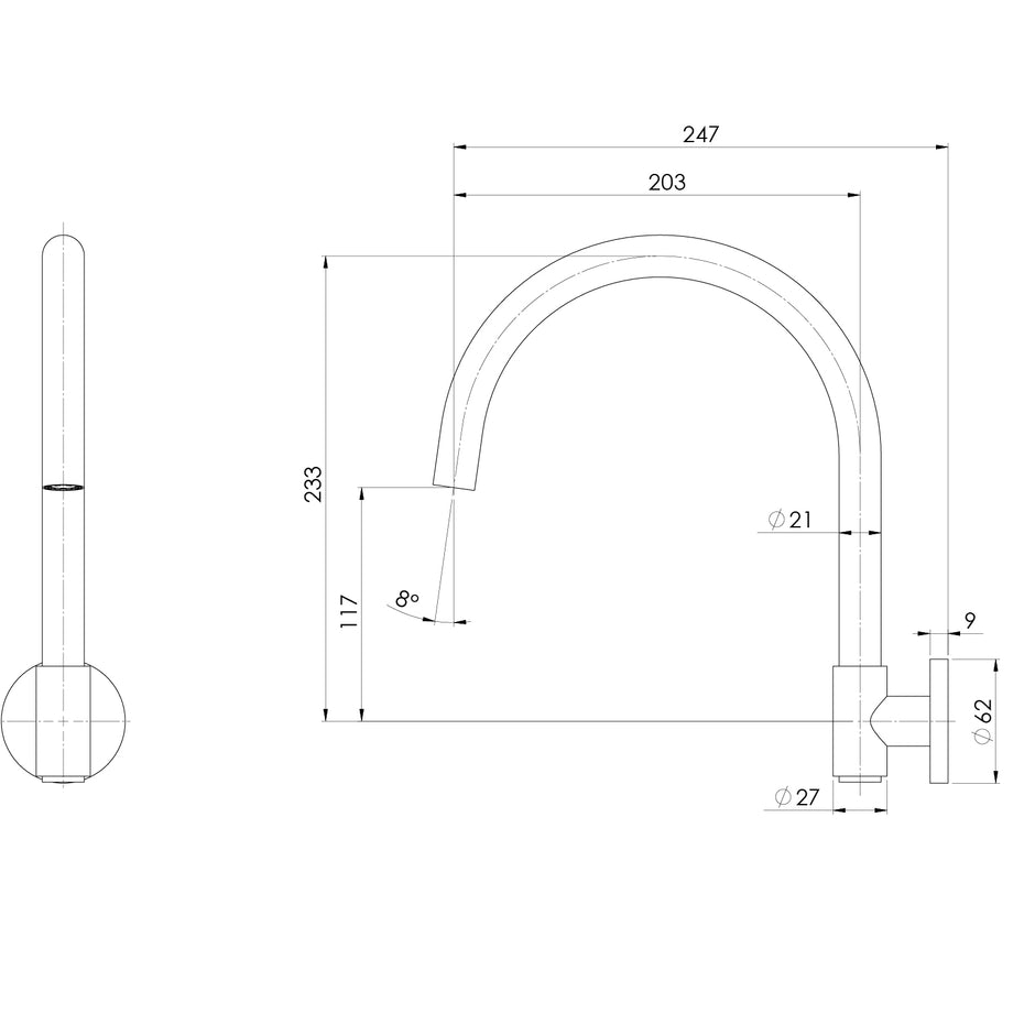 Vivid MKII Wall Sink Laundry Outlet 200mm G N line drawing
