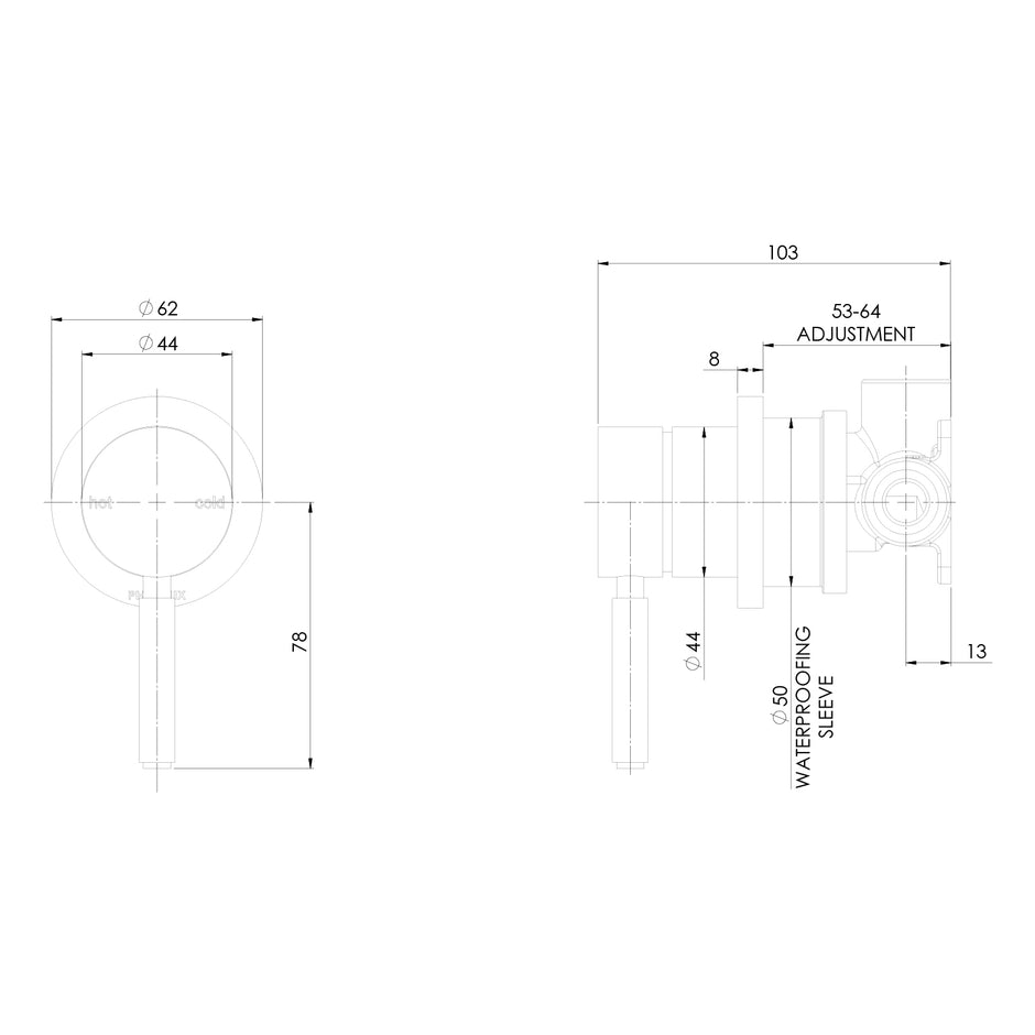 Vivid MKII SwitchMix Shower Wall Mixer Pin Down line drawing
