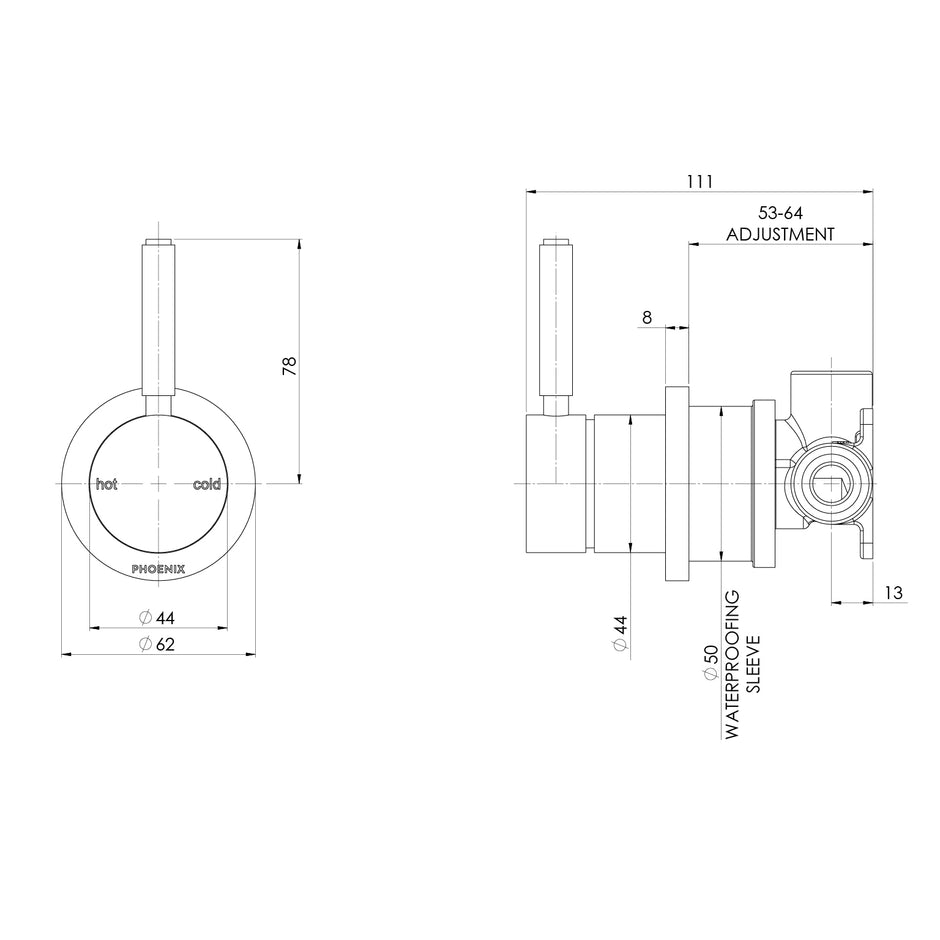 Vivid MKII SwitchMix Shower Wall Mixer Pin Up line drawing