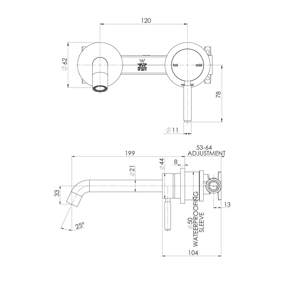 Vivid MKII SwitchMix Wall Basin Bath Mixer Set Pin Down line drawing