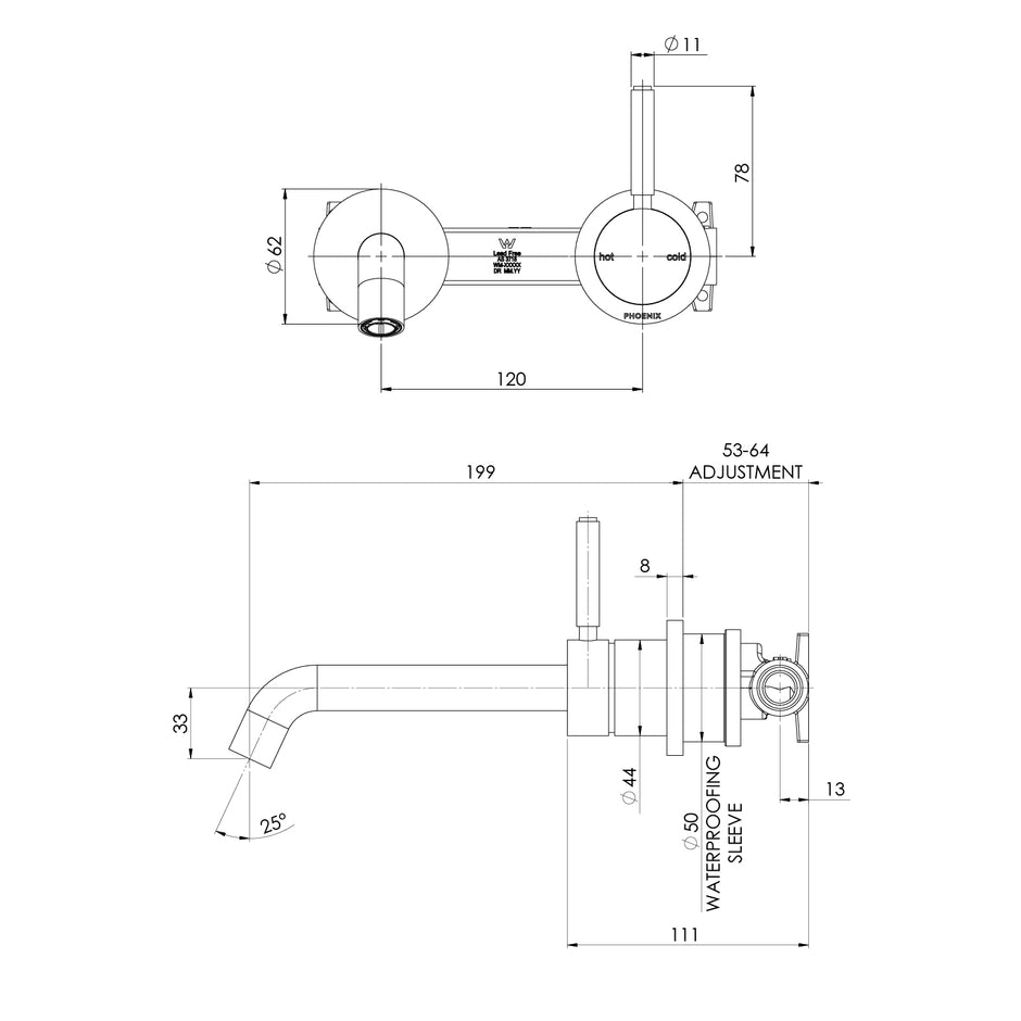 Vivid MKII SwitchMix Wall Basin Bath Mixer Set Pin Up line drawing