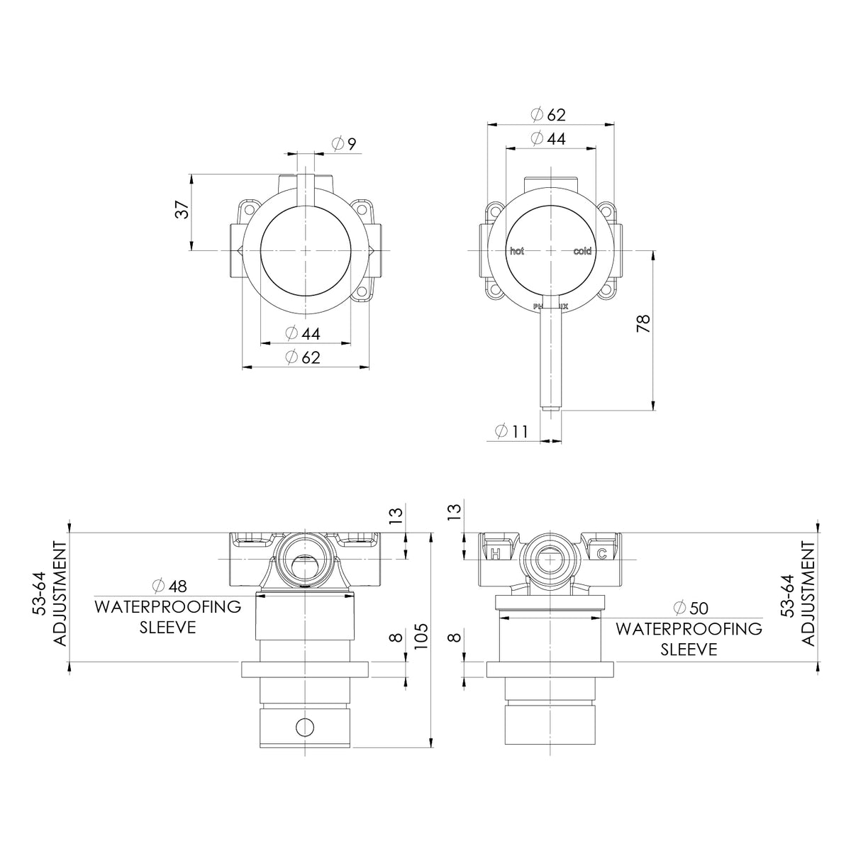 Vivid MKII SwitchMix Shower Bath Diverter Mixer Pin Down line drawing