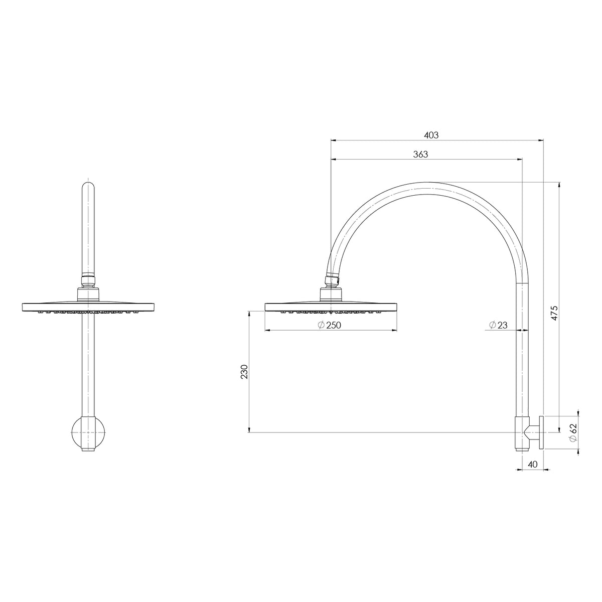 Vivid MKII High Rise Shower Arm Rose line drawing