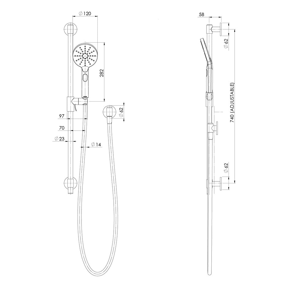 Vivid MKII Rail Shower line drawing