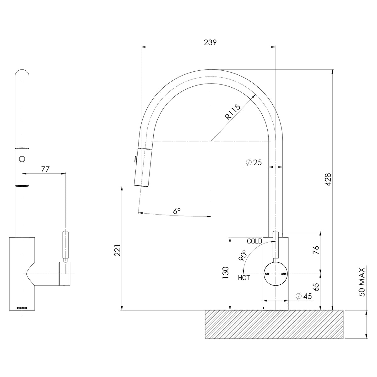 Vivid MKII Pull Out Sink Mixer 2F GN  1 line drawing