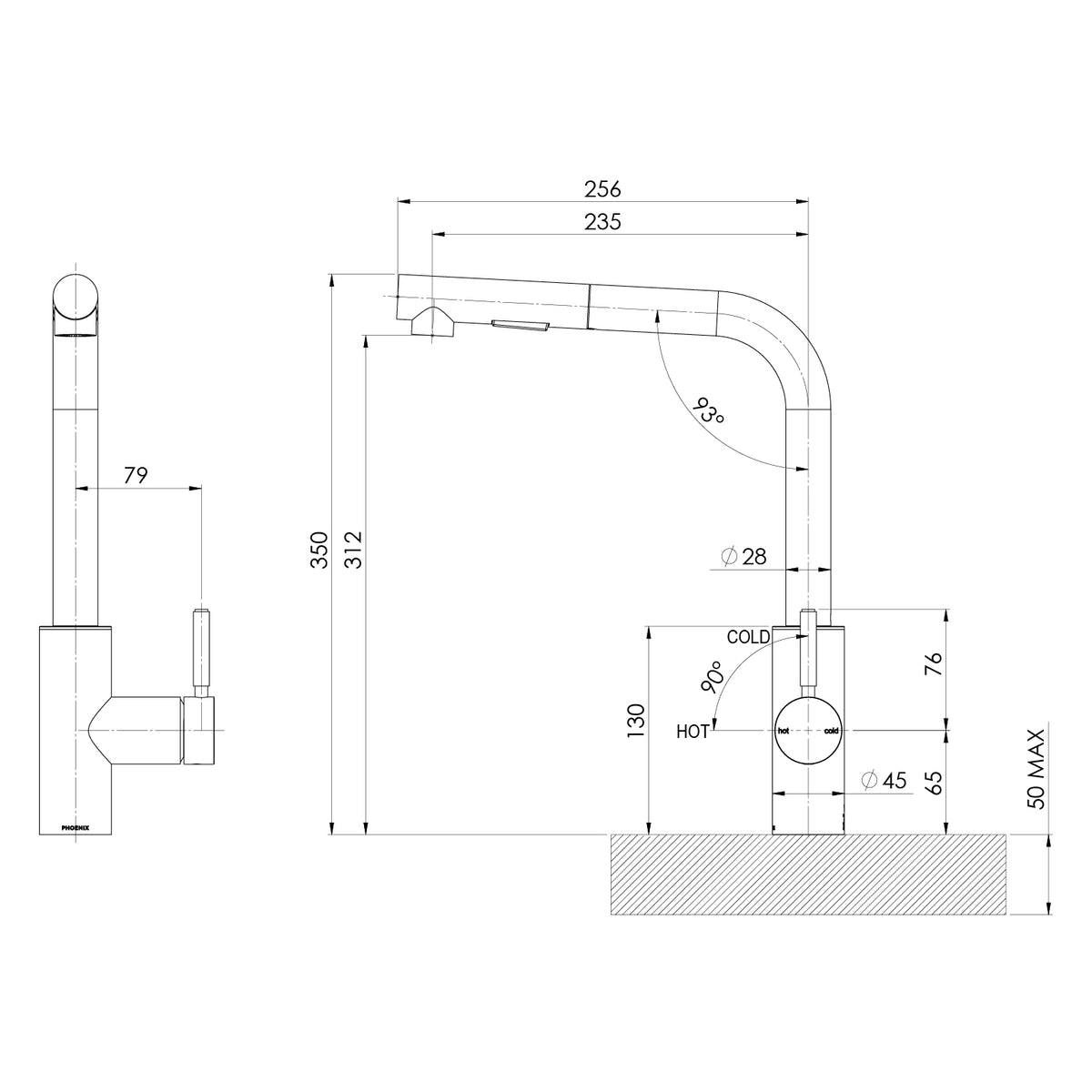 Vivid MKII Pull Out Sink Mixer 2F L Shape  1 line drawing