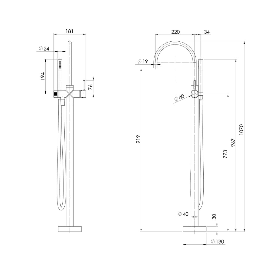 Vivid MKII Floor Mounted Bath Mixer W Hand Shower line drawing