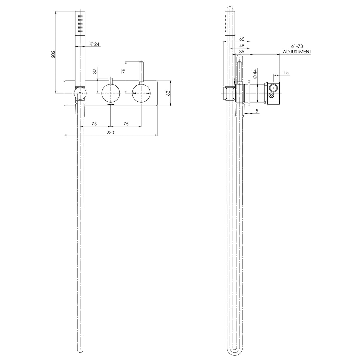 Vivid MKII Wall Shower System line drawing