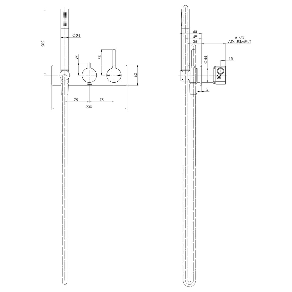 Vivid MKII Wall Shower System line drawing