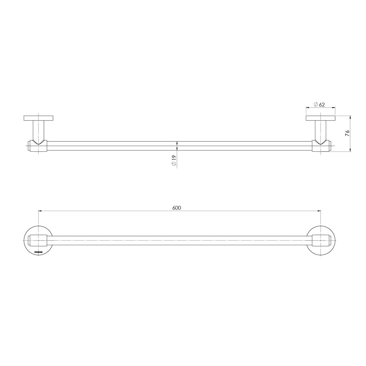 Vivid MKII Single Towel Rail 600mm line drawing