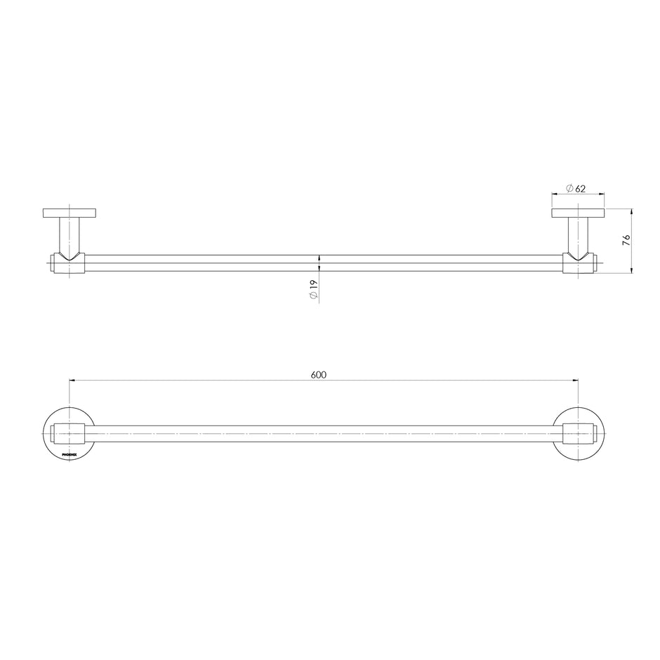 Vivid MKII Single Towel Rail 600mm line drawing