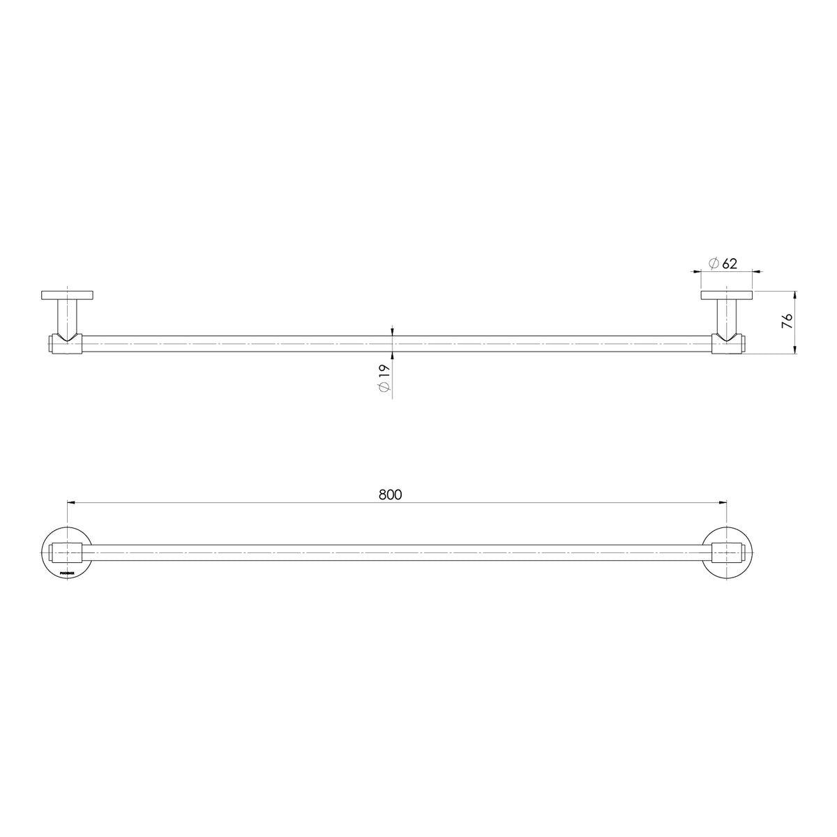 Vivid MKII Single Towel Rail 800mm line drawing