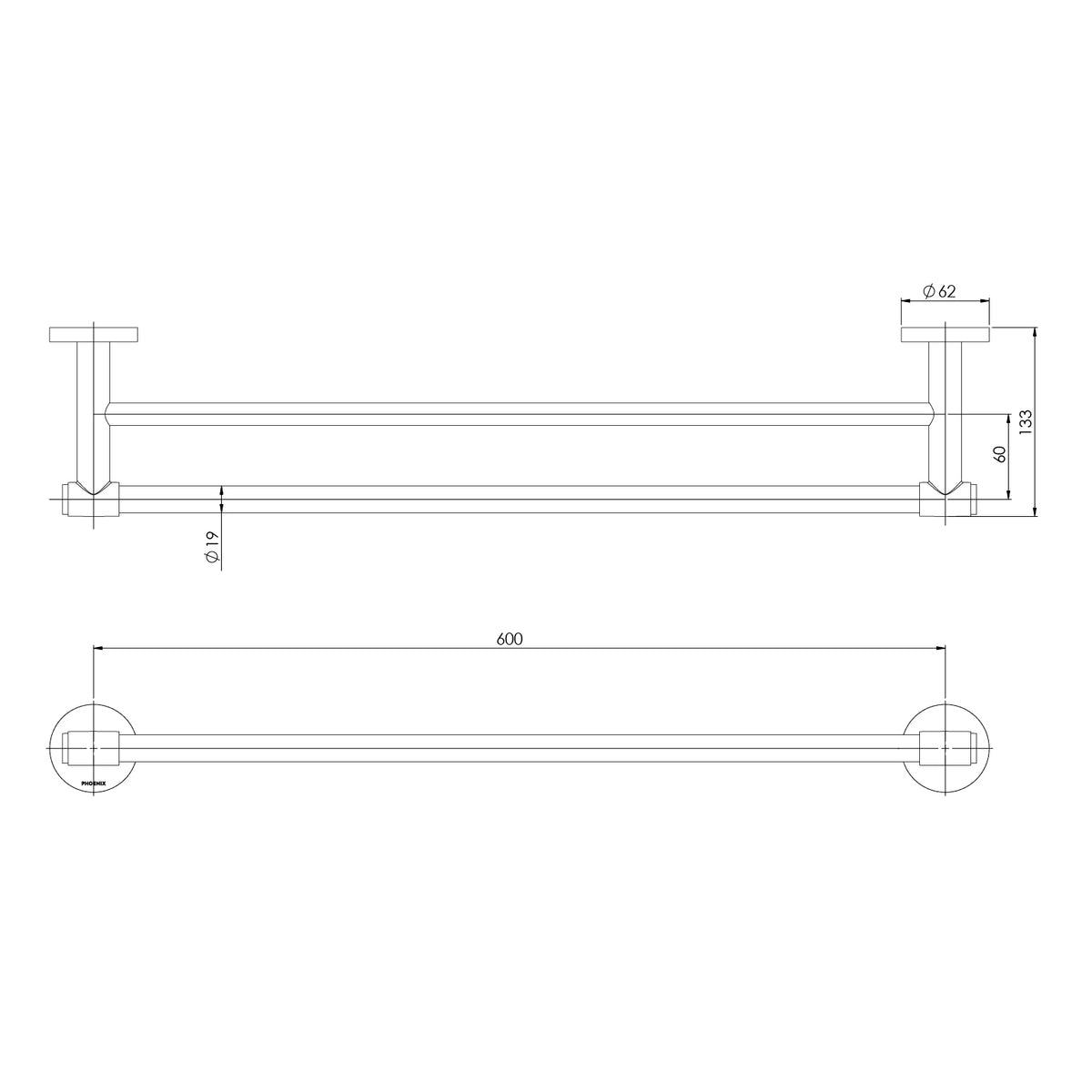 Vivid MKII Double Towel Rail 600mm line drawing