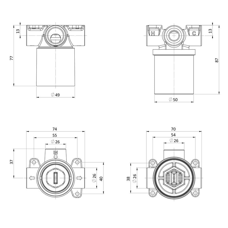 SwitchMix Shower Bath Diverter Mixer Rough In Kit with Flexible Button line drawing