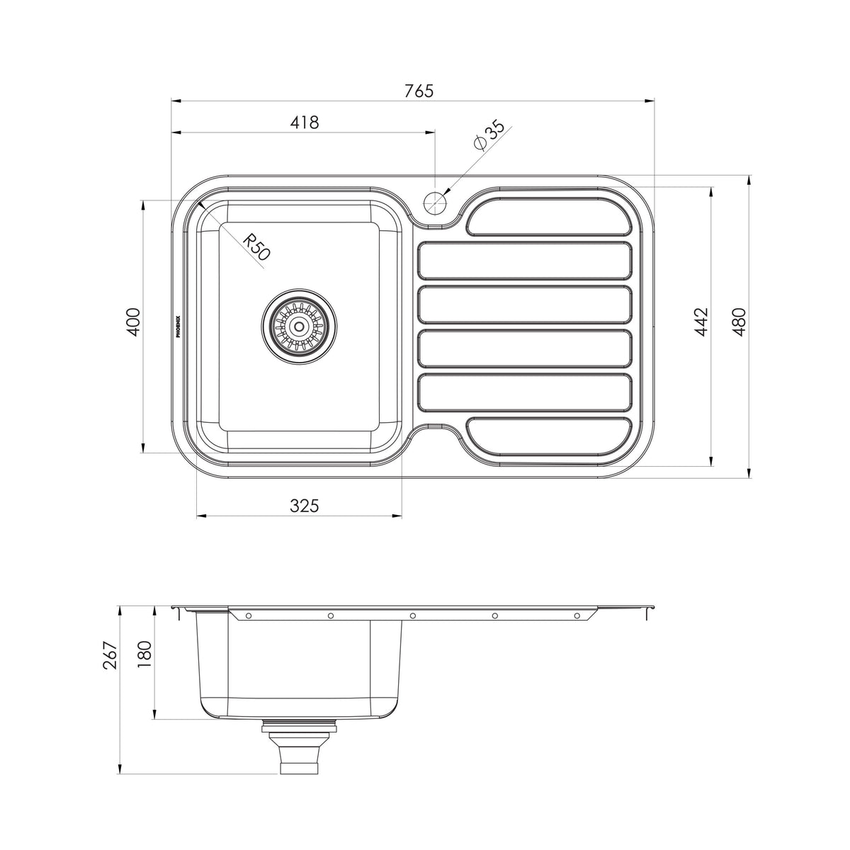 Series Single LH Bowl Sink with Drainer with Hole _ scaled line drawing