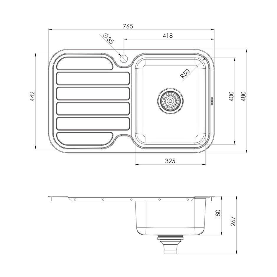Series Single RH Bowl Sink with Drainer with Hole _ scaled line drawing