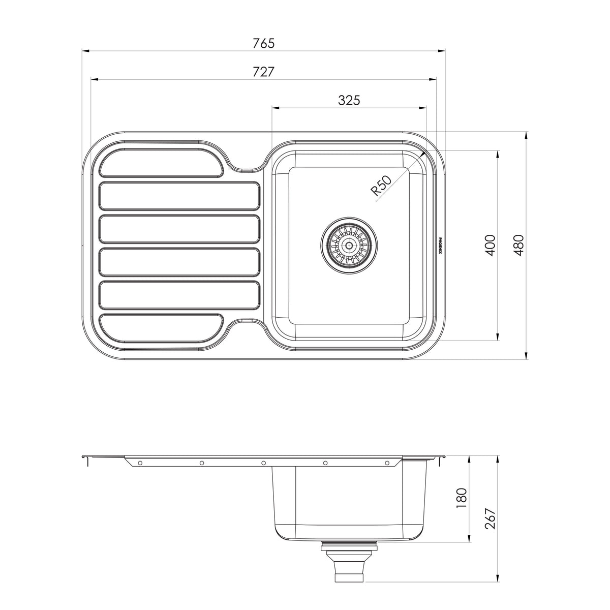 Phoenix 1000 Series Single Bowl Sink with Drainer and No Taphole, Stainless Steel line drawing
