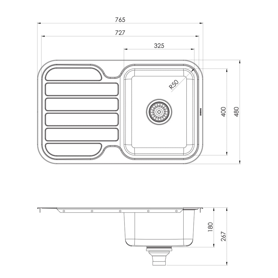 Phoenix 1000 Series Single Bowl Sink with Drainer and No Taphole, Stainless Steel line drawing