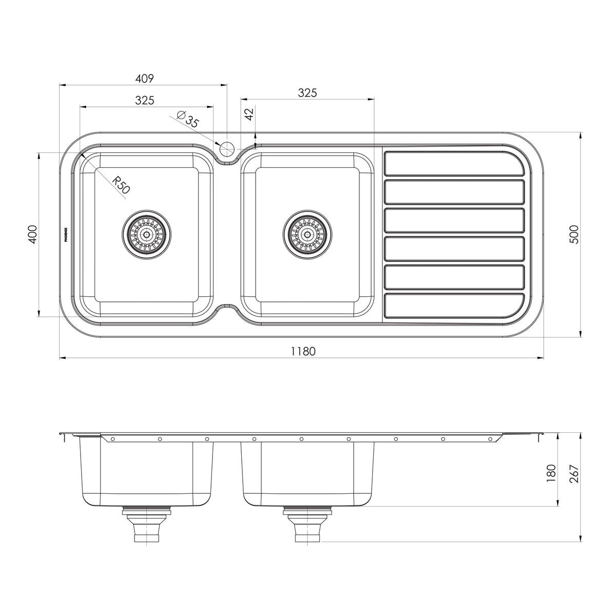 Series Double LH Bowl Sink with Drainer with Hole _ scaled line drawing