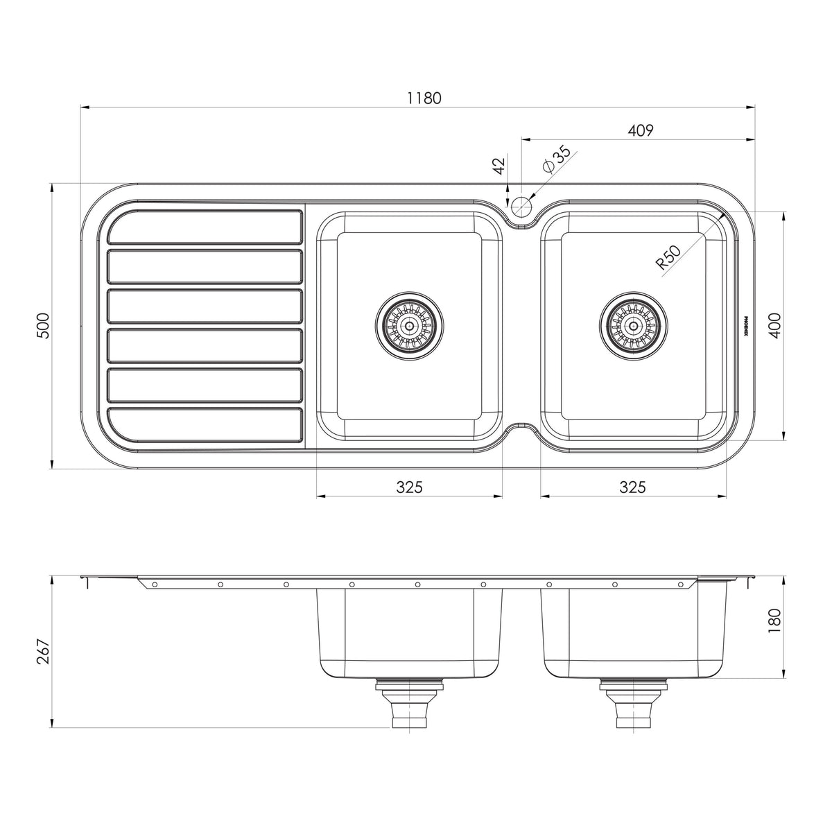 Series Double RH Bowl Sink with Drainer with Hole _ scaled line drawing