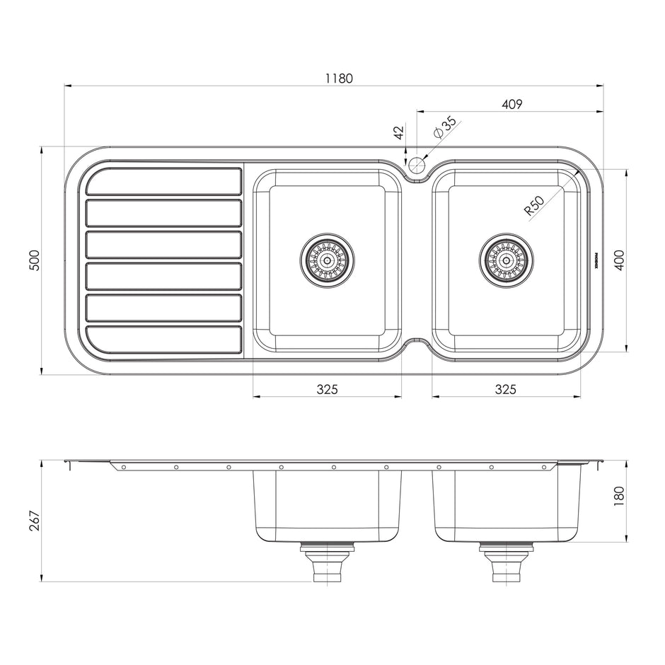 Series Double RH Bowl Sink with Drainer with Hole _ scaled line drawing