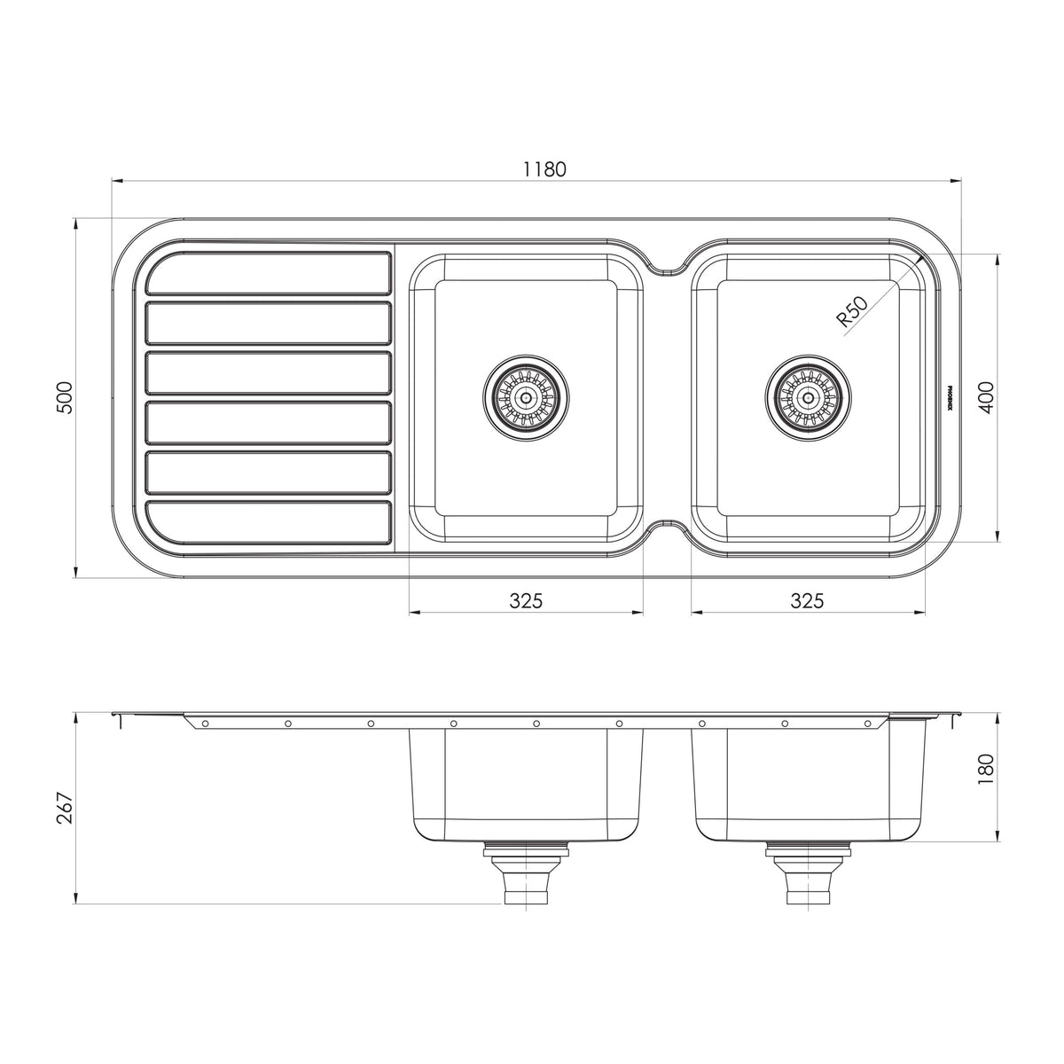 Series Double Bowl Sink with Drainer No Hole _ scaled line drawing