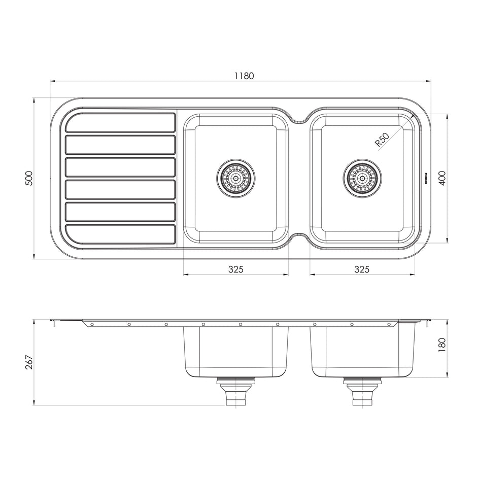 Series Double Bowl Sink with Drainer No Hole _ scaled line drawing