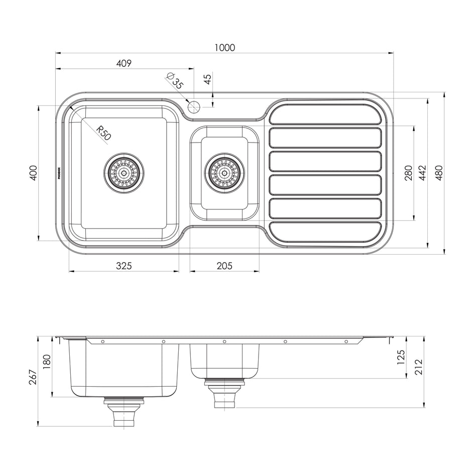 Series 1 1_3 LH Bowl Sink with Drainer with Hole _ scaled line drawing