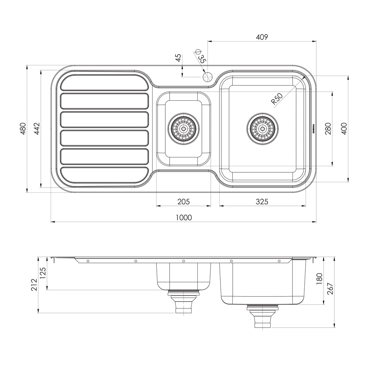 Series 1 1_3 RH Bowl Sink with Drainer with Hole _ scaled line drawing