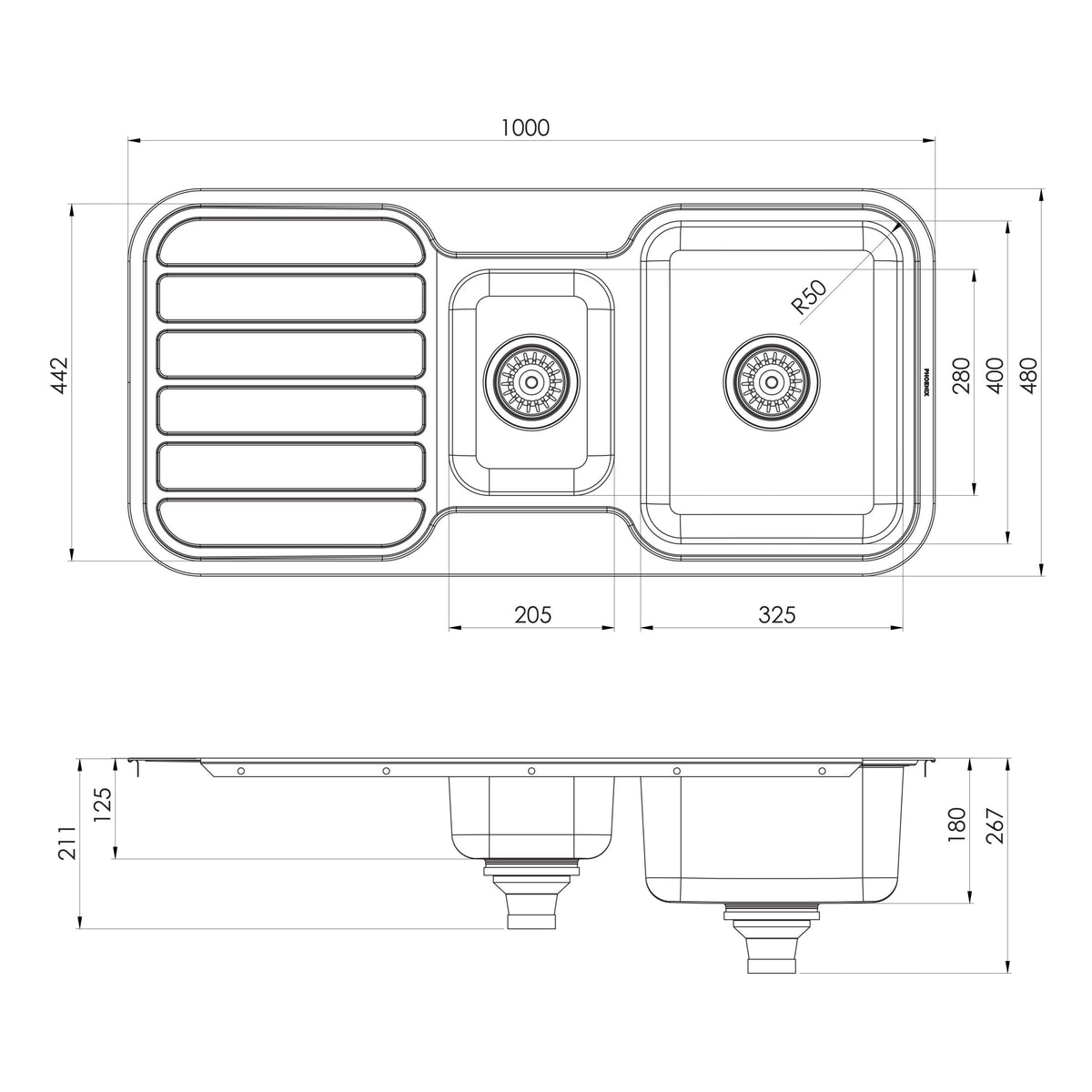 Series 1 1_3 Bowl Sink with Drainer No Hole _ scaled line drawing