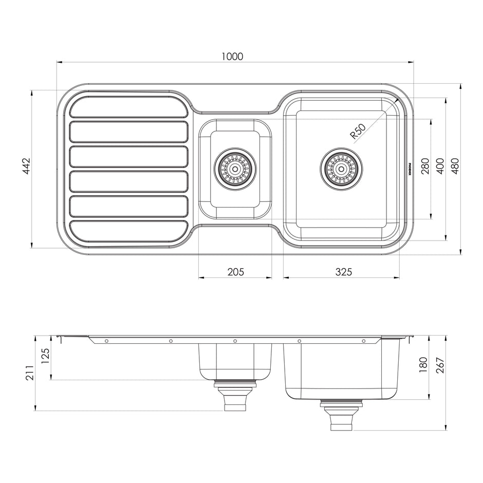 Series 1 1_3 Bowl Sink with Drainer No Hole _ scaled line drawing