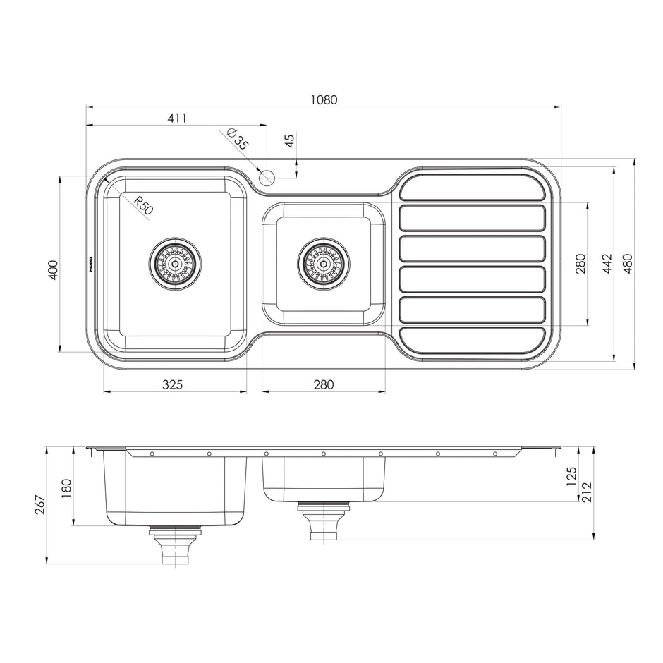 Series 1 3_4 LH Bowl Sink with Drainer with Hole _ scaled line drawing
