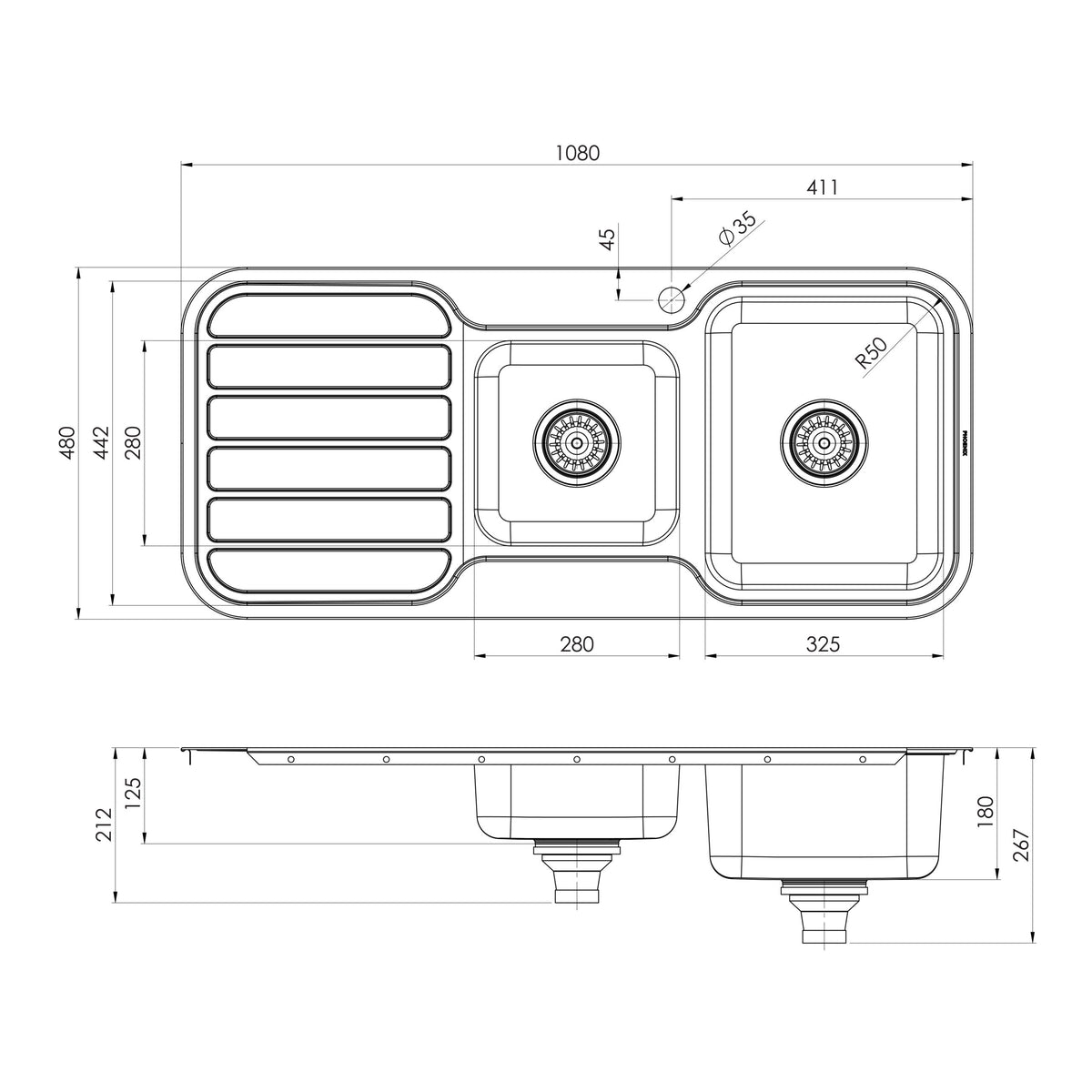 Series 1 3_4 RH Bowl Sink with Drainer with Hole _ scaled line drawing