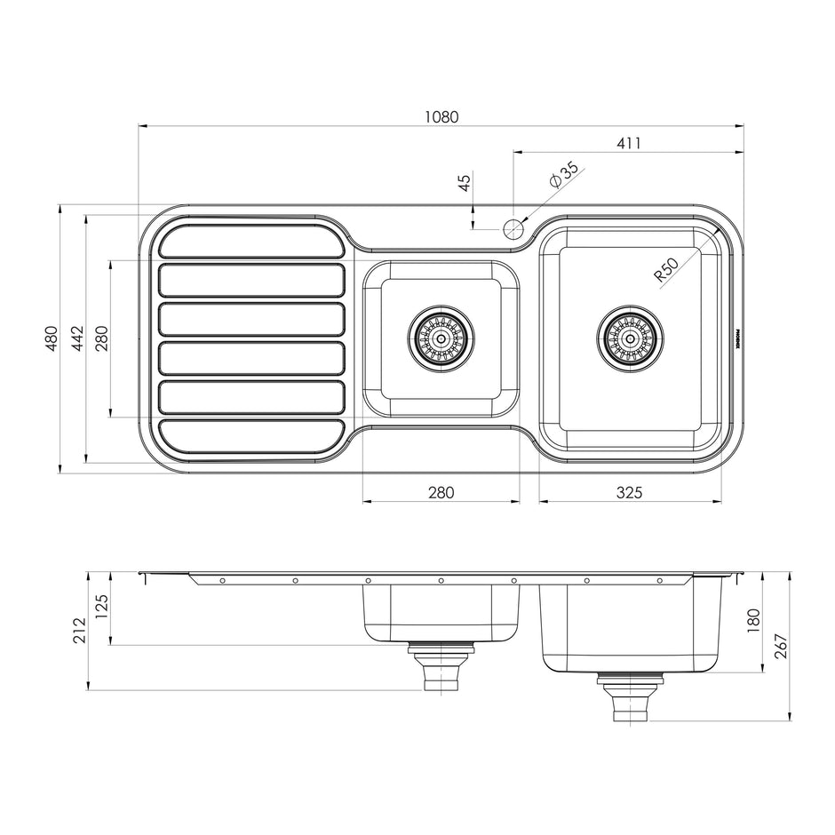 Series 1 3_4 RH Bowl Sink with Drainer with Hole _ scaled line drawing