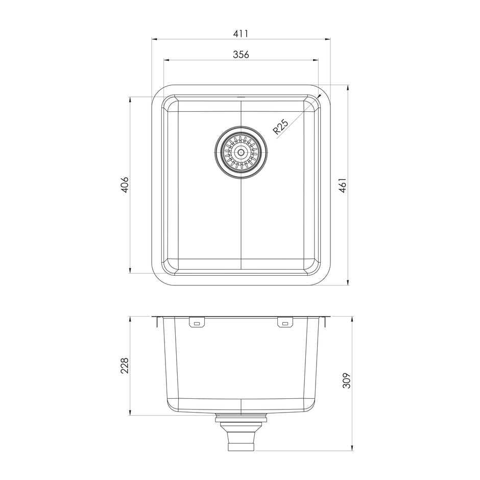 Series Single Bowl Under Over Sink _ scaled line drawing