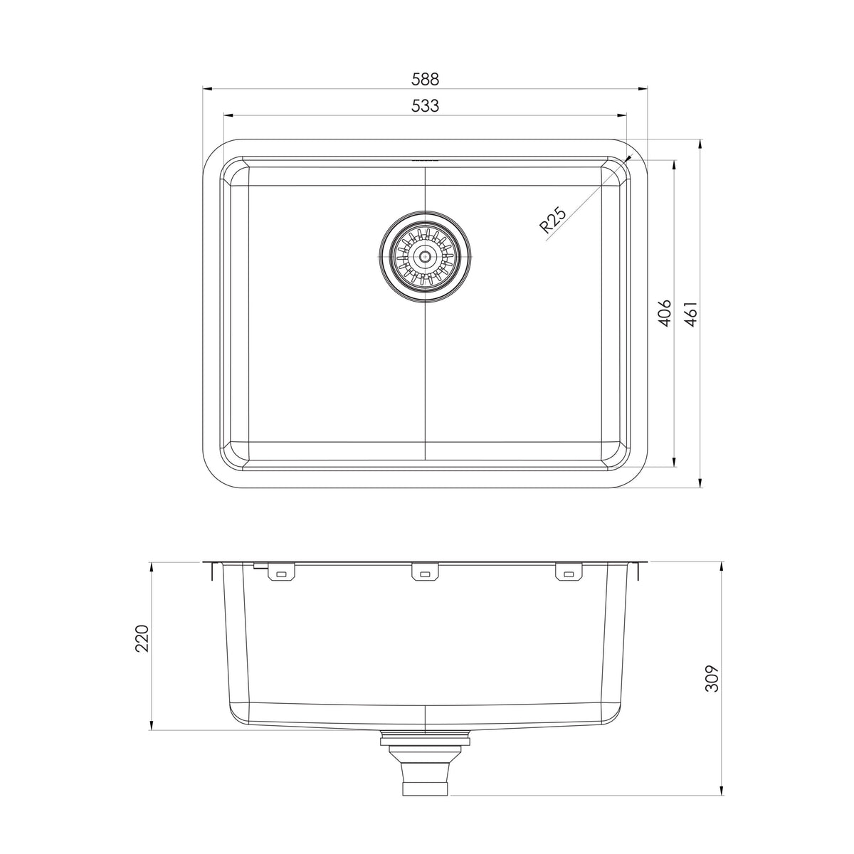 Phoenix 2000 Series Large Single Bowl Sink, Stainless Steel undermount basin line drawing