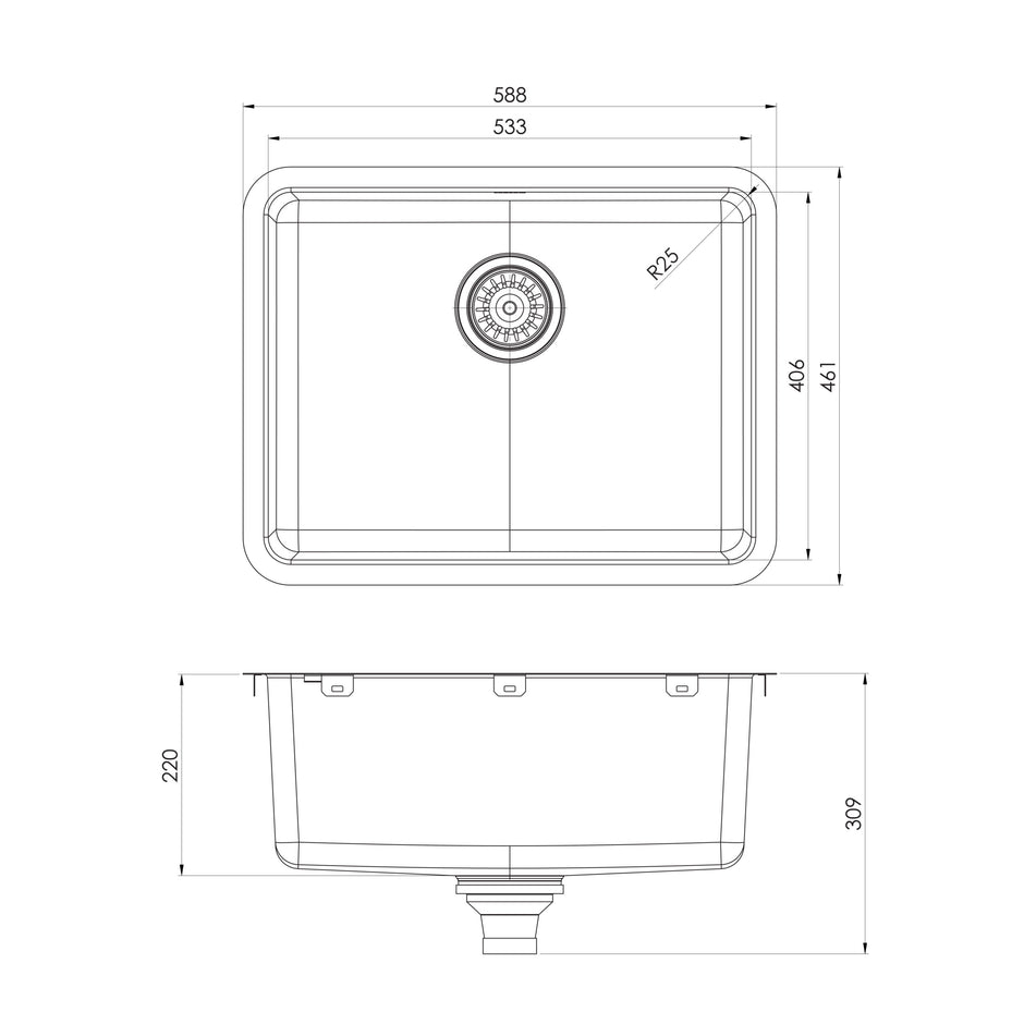 Phoenix 2000 Series Large Single Bowl Sink, Stainless Steel undermount basin line drawing