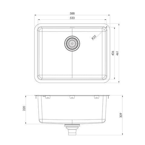 Phoenix 2000 Series Large Single Bowl Sink, Stainless Steel undermount basin line drawing