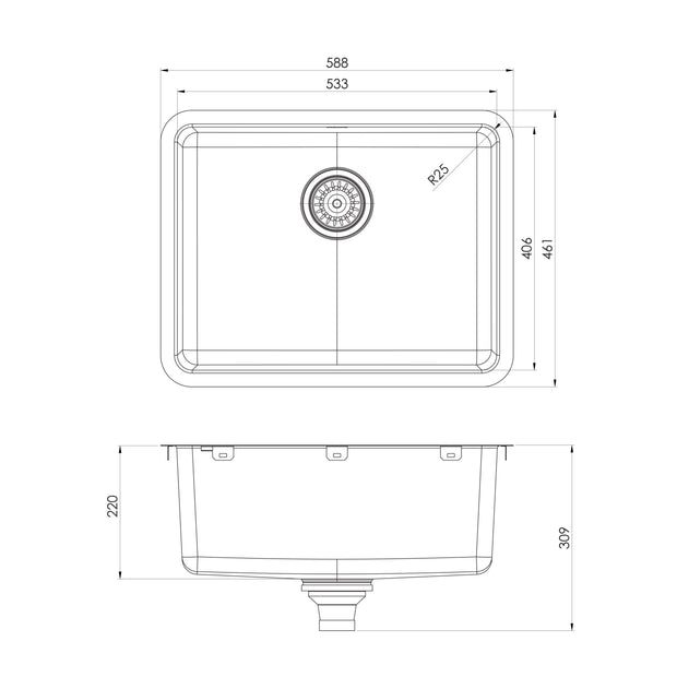 Series Large Single Bowl Under Over Sink _ scaled line drawing