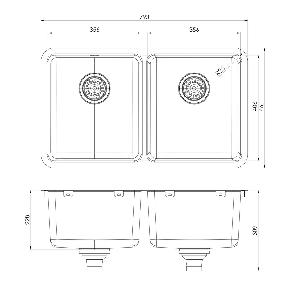 Series Double Bowl Under Over Sink _ scaled line drawing
