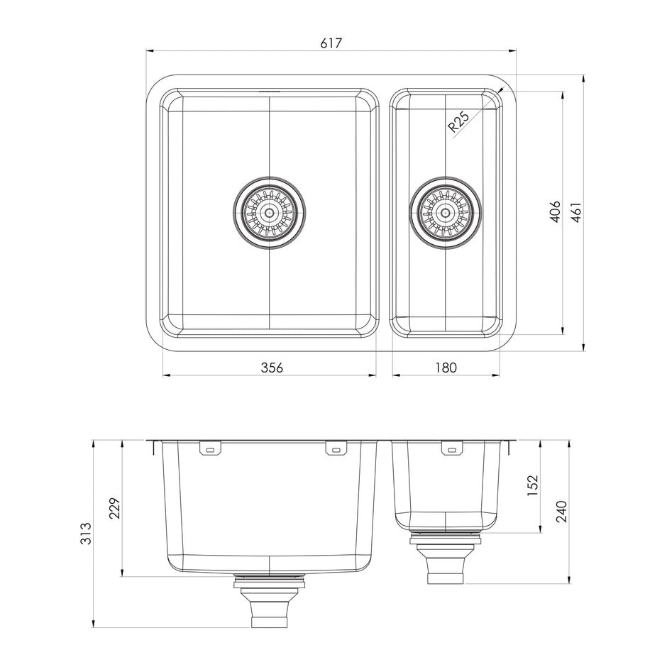 Series 1 1_2 Bowl Under Over Sink _ scaled line drawing
