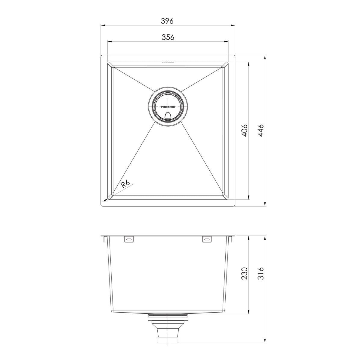 Series Single Bowl Under_Over Sink _ scaled line drawing