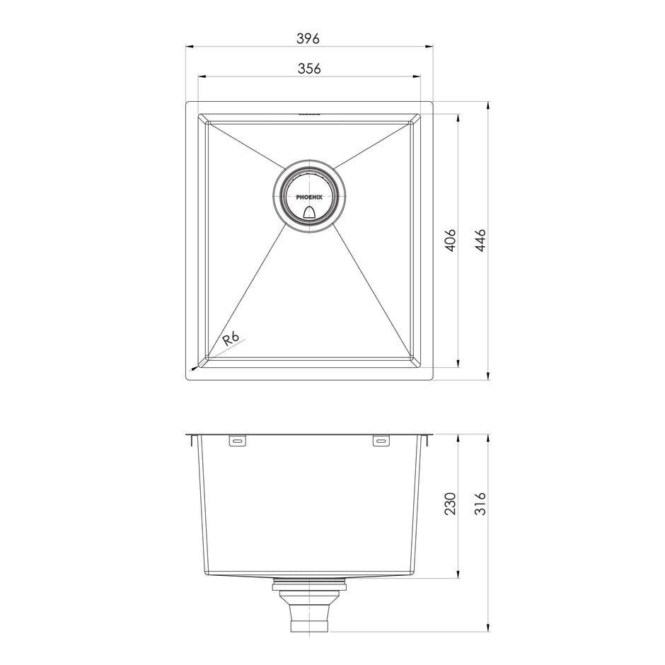 Series Single Bowl Under_Over Sink _ scaled line drawing