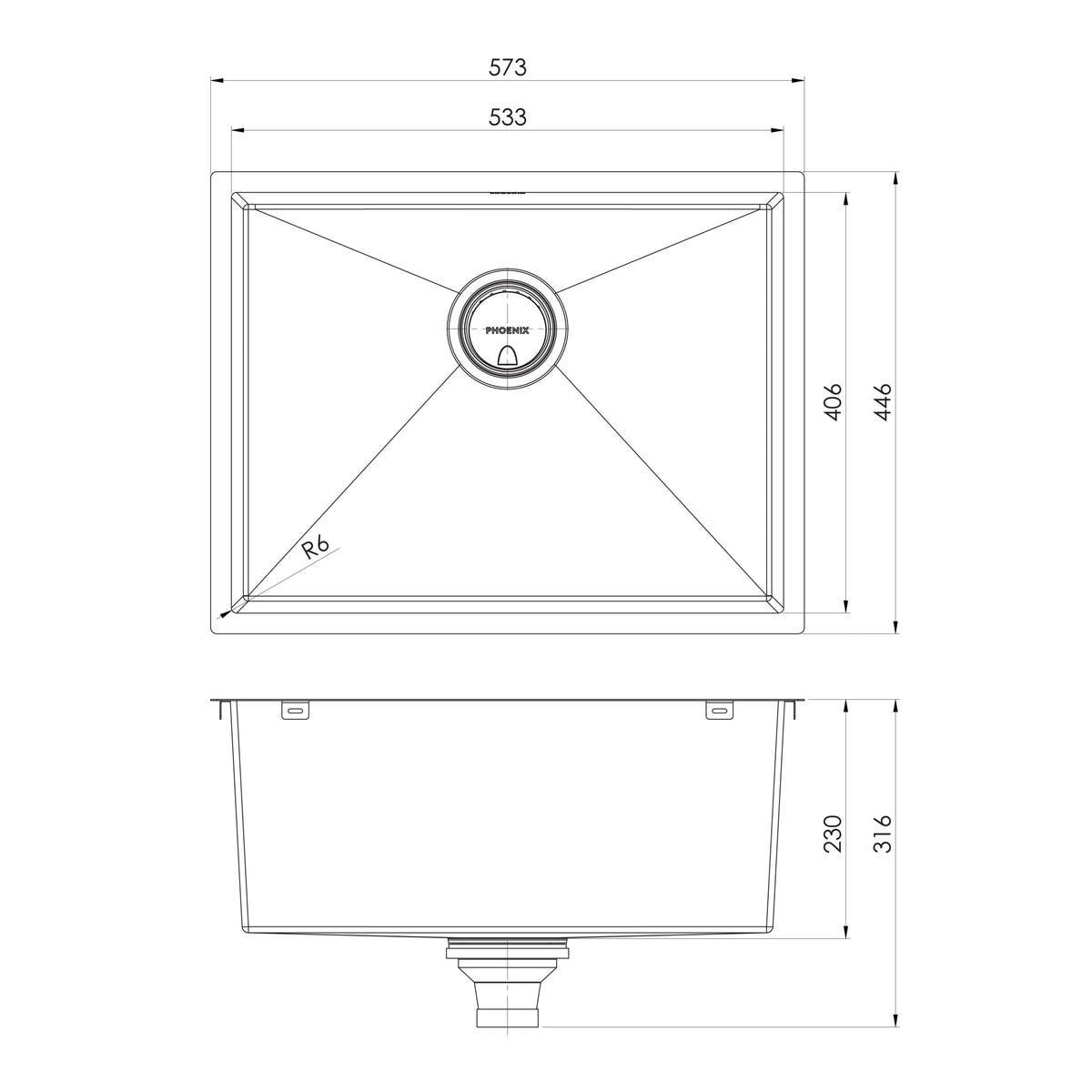 Phoenix 4000 Series Large Single Bowl Sink, Stainless Steel undermount basin line drawing